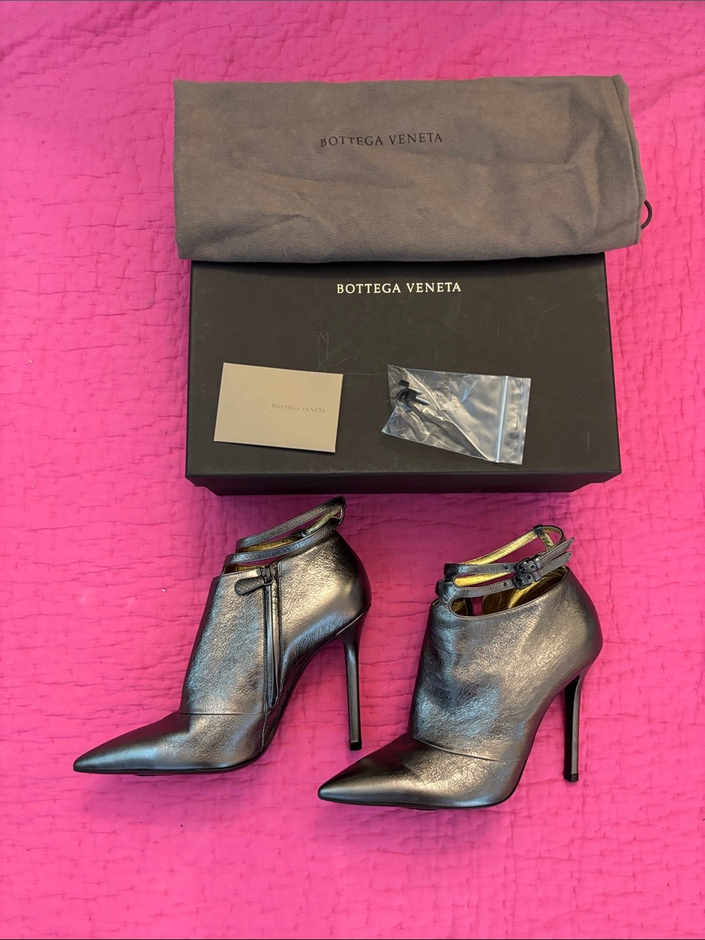 Bottega Veneta Black/ silver metallic Leather Pointed Stiletto Ankle Boots, US6,